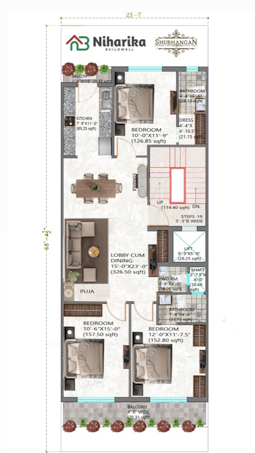 Niharika Buildwell 3BHK Independent Floor — detailed floor plan layout for M3M City of Dreams, Panipat showing three bedrooms, lobby-cum-dining, kitchen, two bathrooms, balcony and pooja area on a 179.18 sq.yd plot