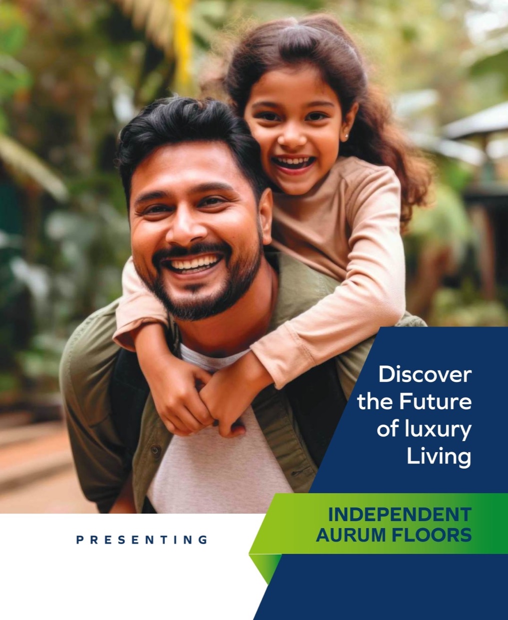 A happy Indian father and his young daughter sharing a piggyback moment in lush greenery — representing the families who call Niharika Buildwell homes their own