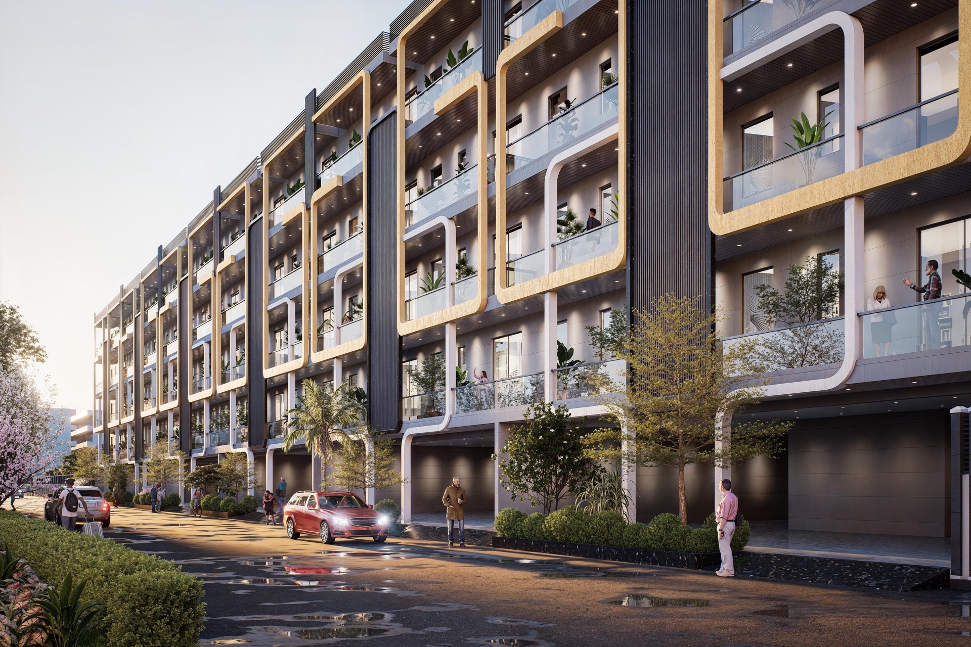 Niharika Buildwell Independent Floors — modern four-storey premium residential elevation at M3M City of Dreams, Panipat with curved balconies, landscaped frontage and stilt parking